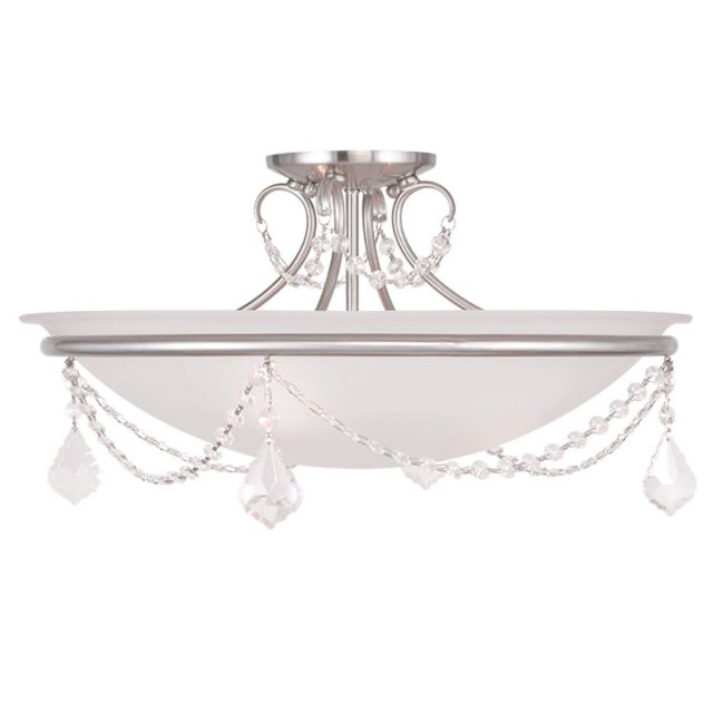 Livex 6525-91 Chesterfield-Pennington 3 Light 20 Inch Flush Mount In Brushed Nickel with White Alabaster Glass