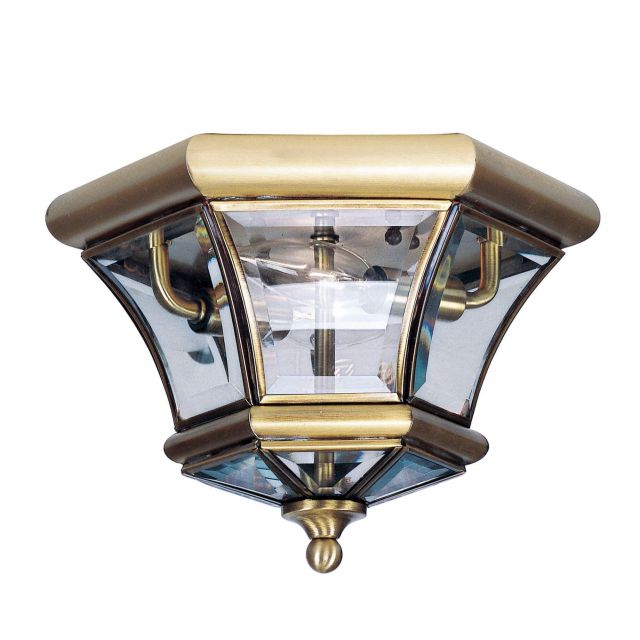 Livex 7052-01 Monterey-Georgetown 2 Light 11 Inch Flush Mount In Antique Brass with Clear Beveled Glass