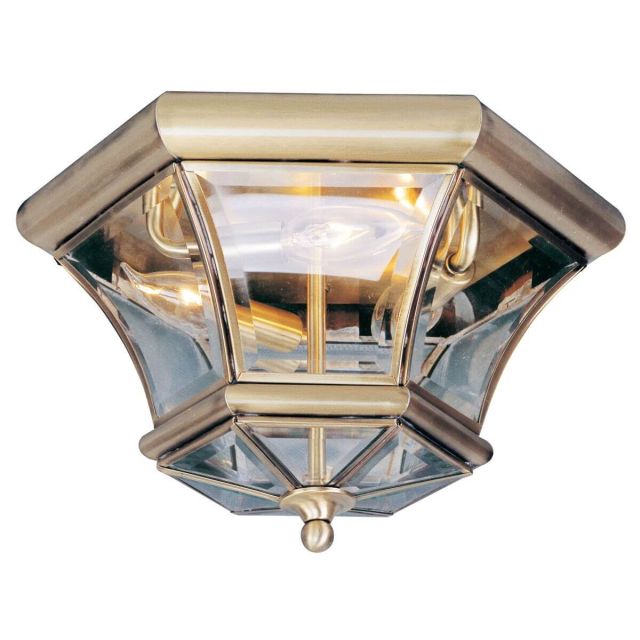 Livex 7053-01 Monterey-Georgetown 3 Light 13 Inch Flush Mount In Antique Brass with Clear Beveled Glass