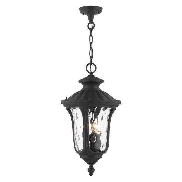Livex 7858-14 Oxford 3 Light 11 Inch Outdoor Hanging Lantern in Textured Black with Hand Blown Clear Water Glass