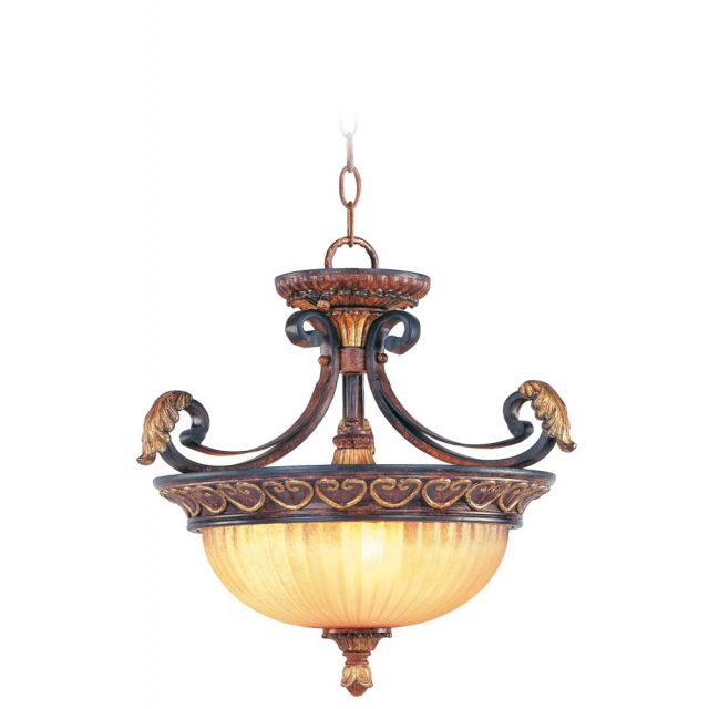 Livex 8565-63 Villa Verona 3 Light 17 Inch Semi-Flush Mount In Verona Bronze-Aged Gold Leaf Accentss With Rustic Art Glass