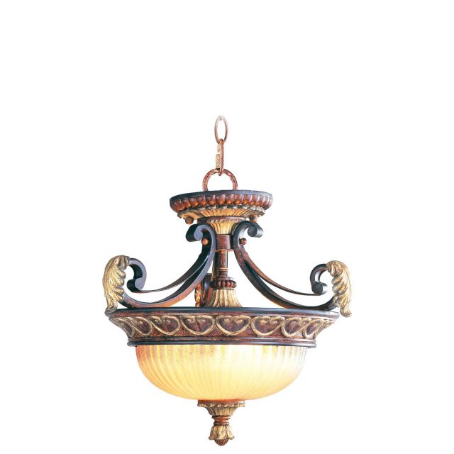 Livex 8577-63 Villa Verona 2 Light 15 Inch Convertible Chain Hang-Ceiling Mount In Verona Bronze-Aged Gold Leaf Accents with Rustic Art Glass