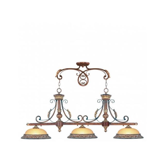 Livex 8584-63 Villa Verona 3 Light 52 inch Island Light With Rustic Art Glass In Verona Bronze-Aged Gold Leaf Accents