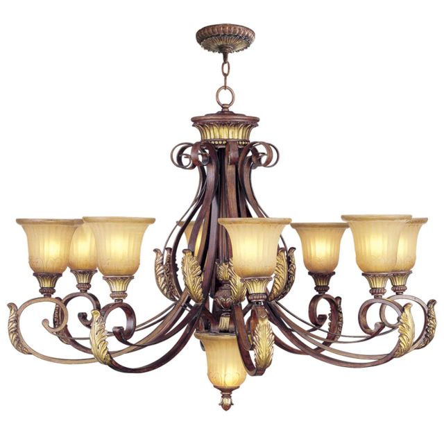 Livex 8586-63 Villa Verona 9 Light 40 Inch Chandelier In Verona Bronze-Aged Gold Leaf Accents with Rustic Art Glass