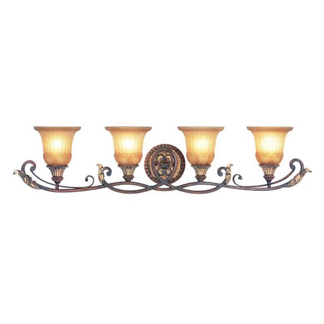 Livex 8554-63 Villa Verona 4 Light 40 Inch Bath Lighting In Verona Bronze-Aged Gold Leaf Accents And Rustic Art Glass