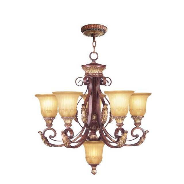 Livex 8555-63 Villa Verona 6 Light 26 Inch Chandelier In Verona Bronze-Aged Gold Leaf Accents And Rustic Art Glass