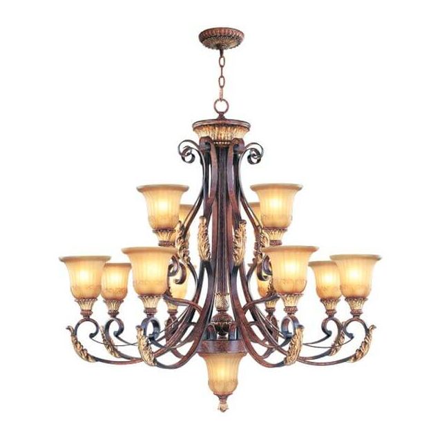 Livex 8559-63 Villa Verona 13 Light 40 Inch Chandelier In Verona Bronze-Aged Gold Leaf Accents And Rustic Art Glass