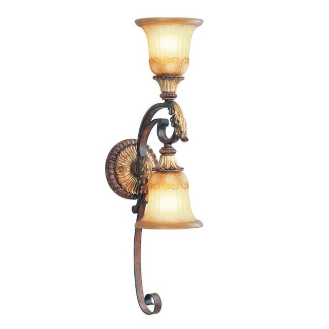 Livex 8572-63 Villa Verona 2 Light 27 Inch Tall Wall Sconce In Verona Bronze-Aged Gold Leaf Accents And Rustic Art Glass