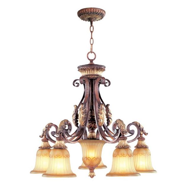 Livex 8575-63 Villa Verona 6 Light 27 Inch Chandelier In Verona Bronze-Aged Gold Leaf Accents And Rustic Art Glass