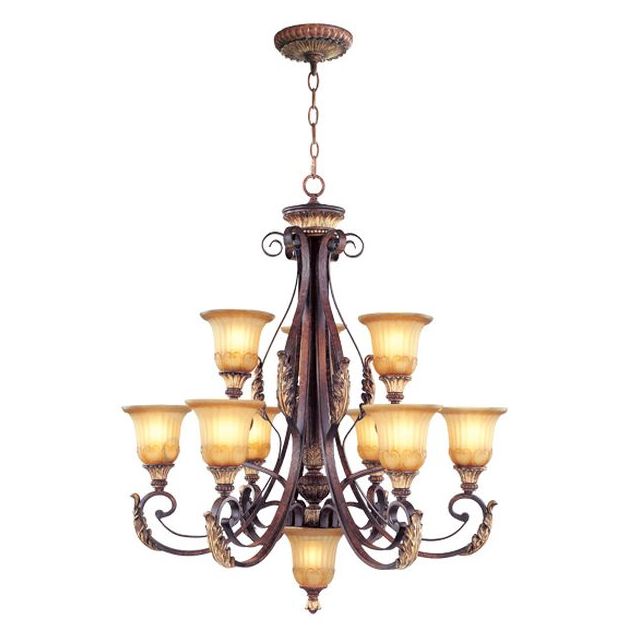 Livex 8579-63 Villa Verona 10 Light 33 Inch Chandelier In Verona Bronze-Aged Gold Leaf Accents And Rustic Art Glass