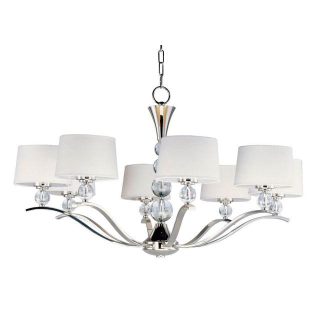 Maxim Lighting 12758WTPN Rondo 8 Light 39 inch Single-Tier Chandelier in Polished Nickel with White Fabric Shade and Round Crystal Balls