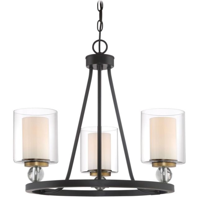 Minka Lavery Studio 5 3 Light 22 Inch Chandelier In Painted Bronze With Natural Brushed Brass With Clear With Interior Etched White Glass Shade 3077-416