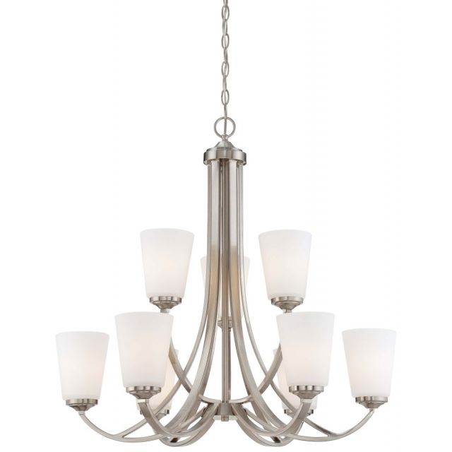 Minka Lavery 4969-84 Overland Park 9 Light 30 Inch Chandelier In Brushed Nickel With Etched White Glass Shade