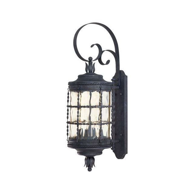 Minka Lavery 8882-A39 Mallorca 4 Light 34 Inch Tall Outdoor Wall Mount In Spanish Iron With Champagne Hammered Glass Shade