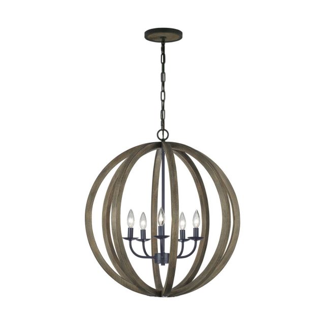 Visual Comfort Studio Allier 5 Light 26 Inch Chandelier In Weathered Oak Wood-Antique Forged Iron F2936/5WOW/AF