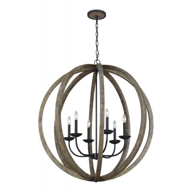 Visual Comfort Studio Allier 6 Light 38 Inch Chandelier In Weathered Oak Wood-Antique Forged Iron F3186/6WOW/AF