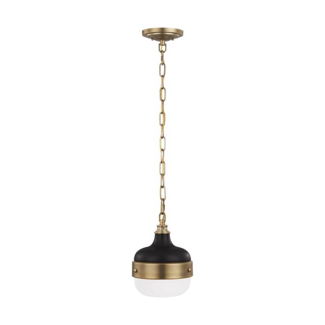 Generation Lighting P1282DAB/MB Cadence 1 Light 8 Inch Pendant In Dark Antique Brass-Matte Black With White Opal Etched Glass Shade