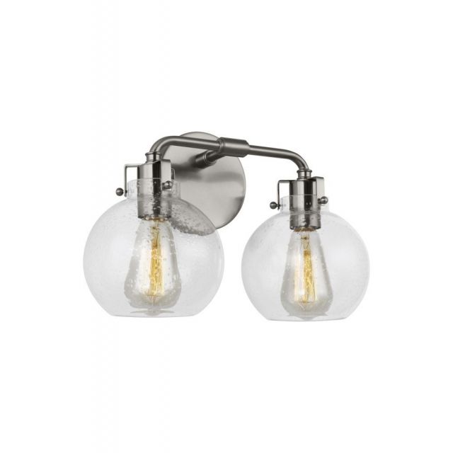 Visual Comfort Studio VS24402SN Clara 2 Light 15 Inch Bath Wall Sconce In Satin Nickel With Clear Seeded Glass Shade