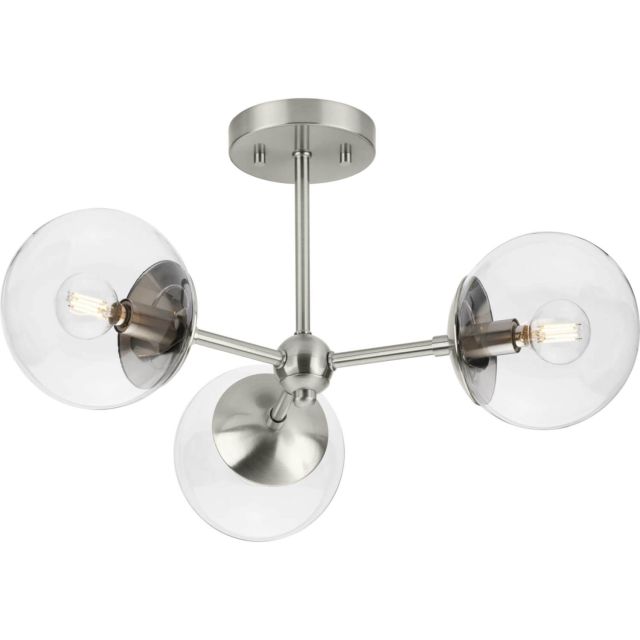 Progress Lighting Atwell 3 Light 22 inch Semi-Flush Mount in Brushed Nickel with Clear Glass Shades P350235-009