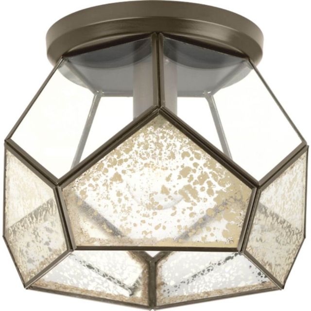 Progress Lighting P3868-20 Cinq 1 Light 12 Inch Flush Mount In Antique Bronze With Antique Mirror And Clear Glass Panels Glass
