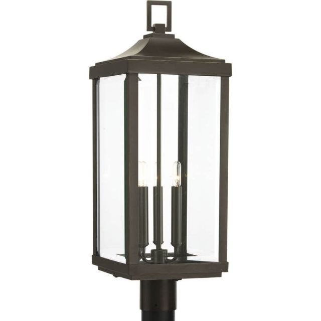 Progress Lighting P540004-020 Gibbes Street 3 Light 27 Inch Tall Post Lantern In Antique Bronze With Clear Beveled Glass