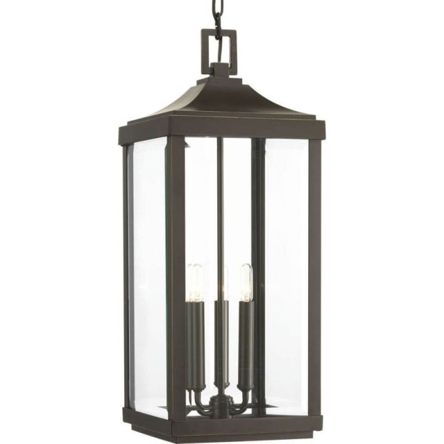Progress Lighting P550004-020 Gibbes Street 3 Light 24 Inch Tall Outdoor Hanging Lantern In Antique Bronze With Clear Beveled Glass