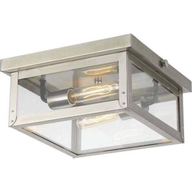 Progress Lighting Union Square 2 Light 12 Inch Outdoor Flush Mount In Stainless Steel With Clear Flat Glass P550007-135