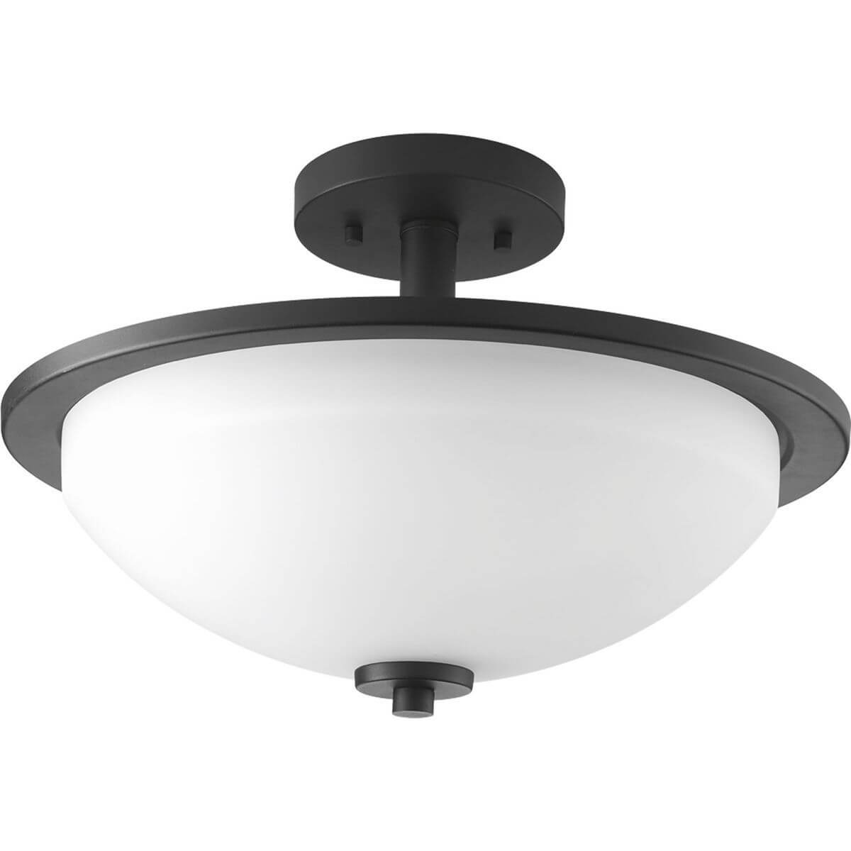 Progress Lighting Replay 2 Light 15 inch Semi-Flush Mount in Textured Black with Etched Outside and Painted White Inside Glass Bowl P3424-31