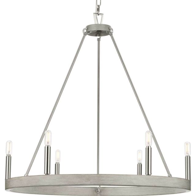 Progress Lighting P400302-009 Galloway 6 Light 30 inch Chandelier in Brushed Nickel with Grey Washed Oak Accents