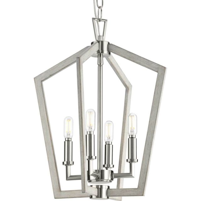Progress Lighting P500377-009 Galloway 4 Light 14 inch Foyer Pendant in Brushed Nickel with Grey Washed Oak Accents