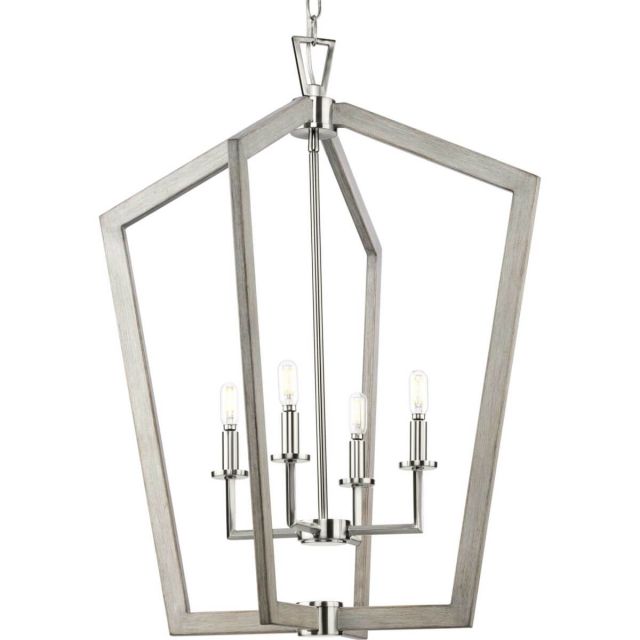 Progress Lighting P500378-009 Galloway 4 Light 24 inch Foyer Pendant in Brushed Nickel with Grey Washed Oak Accents