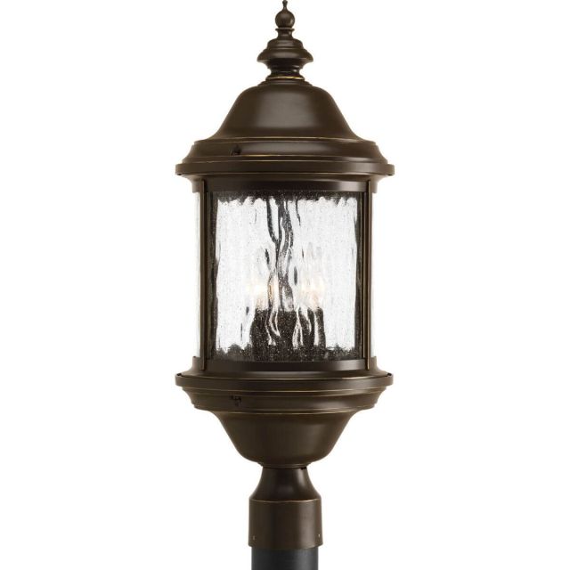 Progress Lighting Ashmore 3 Light 24 inch Tall Outdoor Post Lantern in Antique Bronze with Water Seeded Curved Glass Panels P5450-20