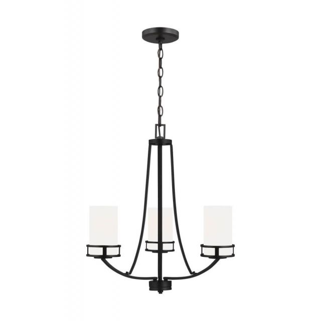 Generation Lighting 3121603EN3-112 Robie 3 Light 21 Inch Chandelier in Midnight Black with Etched-White Glass Shades