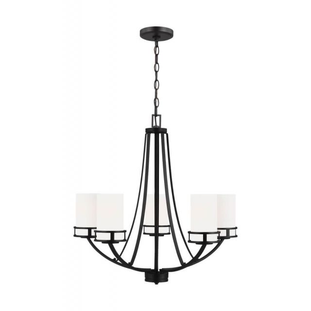 Generation Lighting Robie 5 Light 24 Inch Chandelier in Midnight Black with Etched-White Glass Shades 3121605-112
