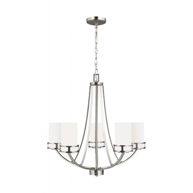 Generation Lighting Robie 5 Light 24 Inch Chandelier in Brushed Nickel with Etched-White Glass Shades 3121605-962