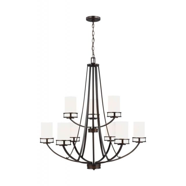Generation Lighting 3121609-710 Robie 9 Light 33 Inch Chandelier in Bronze with Etched-White Glass Shades