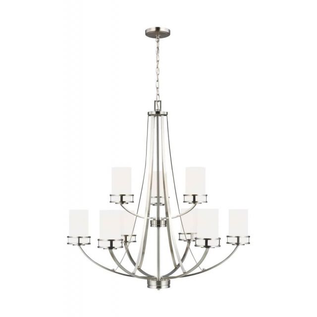 Generation Lighting Robie 9 Light 33 Inch Chandelier in Brushed Nickel with Etched-White Glass Shades 3121609-962