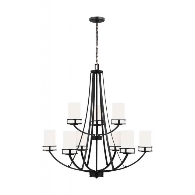 Generation Lighting 3121609EN3-112 Robie 9 Light 33 Inch Chandelier in Midnight Black with Etched-White Glass Shades