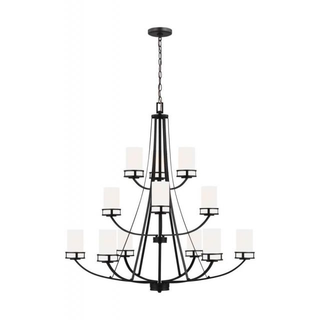 Generation Lighting 3121612EN3-112 Robie 12 Light 40 Inch Chandelier in Midnight Black with Etched-White Glass Shades