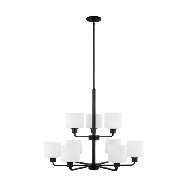 Generation Lighting 3128809-112 Canfield 9 Light 31 inch Chandelier in Midnight Black with Etched-White Inside Glass Shades