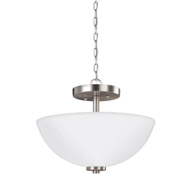 Generation Lighting Oslo 2 Light 14 Inch LED Semi-Flush Mount Convertible Pendant In Brushed Nickel With Etched-White Inside Shade 77160EN3-962