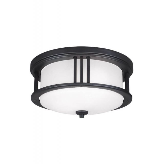 Generation Lighting Crowell 2 Light 14 Inch LED Outdoor Flush Mount In Black With Satin Etched Shade 7847902EN3-12