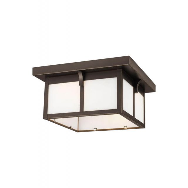 Generation Lighting 7852702EN3-71 Tomek 2 Light 12 Inch Outdoor Flush Mount in Antique Bronze with Etched-White Glass Panels
