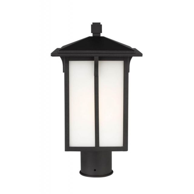 Generation Lighting 8252701-12 Tomek 1 Light 15 Inch Tall Outdoor Post Lantern in Black with Etched-White Glass Panels
