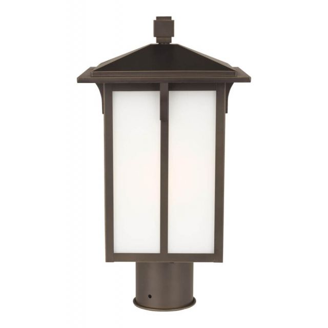 Generation Lighting 8252701EN3-71 Tomek 1 Light 15 Inch Tall Outdoor Post Lantern in Antique Bronze with Etched-White Glass Panels