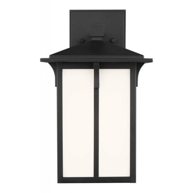 Generation Lighting 8552701-12 Tomek 1 Light 11 Inch Tall Small Outdoor Wall Lantern in Black with Etched-White Glass Panels