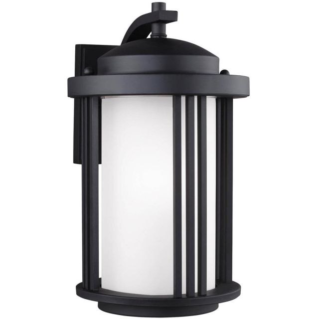 Generation Lighting Crowell 1 Light 15 Inch Tall Medium Outdoor Wall Lantern In Black With Satin Etched Glass Shade 8747901-12