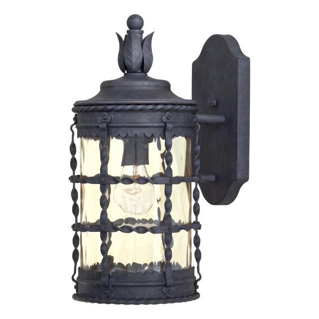 Minka Lavery 8880-A39 Mallorca 1 Light 16 Inch Tall Outdoor Wall Mount In Spanish Iron Textured Black Powder Coat With Champagne Hammered Glass