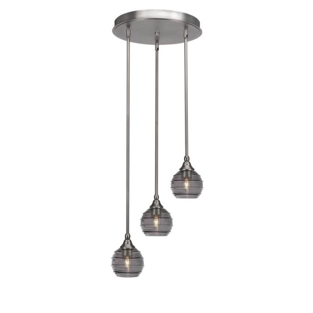 Toltec Lighting Empire 3 Light 15 inch Cluster Pendalier in Brushed Nickel with Smoke Ribbed Glass 2143-BN-5112
