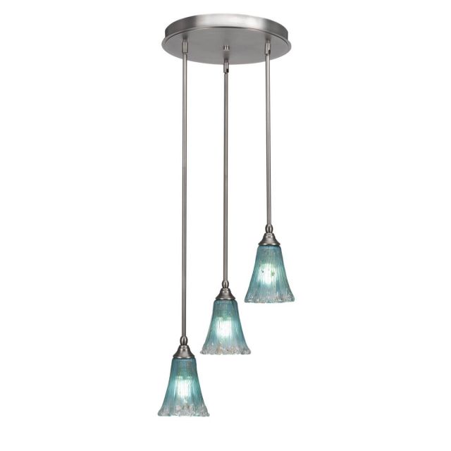 Toltec Lighting Empire 3 Light 15 inch Cluster Pendalier in Brushed Nickel with Teal Crystal Glass 2143-BN-725